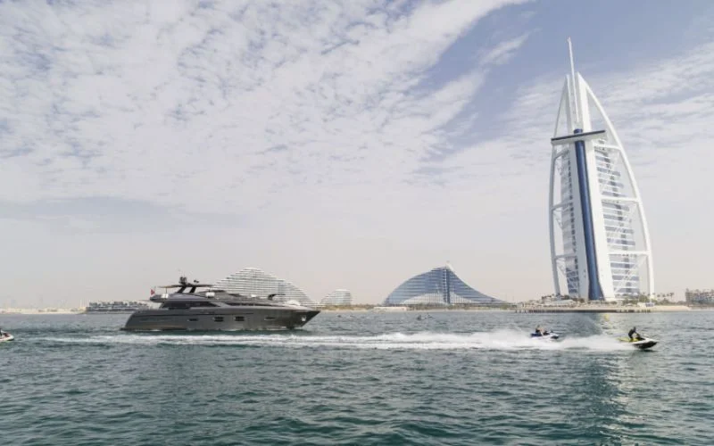 "Sleek exterior view of Santorini Silver yacht on clear blue waters – Mala Yachts luxury yacht rental in Dubai"