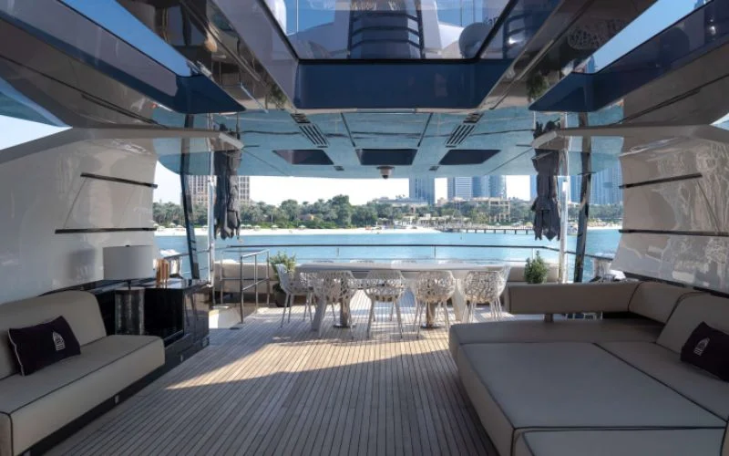 "Spacious salon area inside Saffuriya yacht – Mala Yachts trusted name in yacht rental in Dubai"
