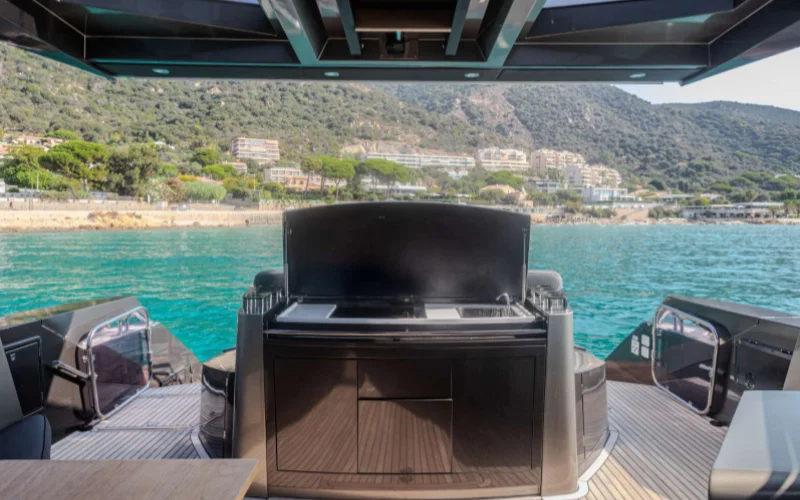 Front deck view of Morrigan Yacht under clear skies