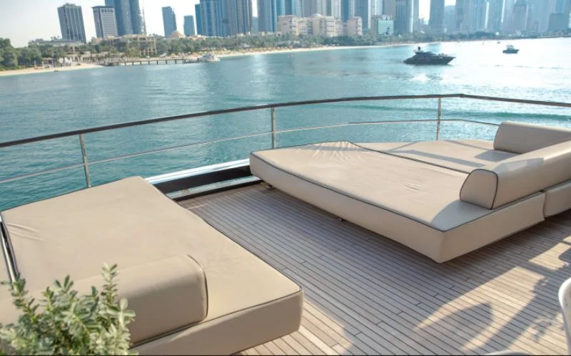 "Spacious sunbathing deck on Saffuriya yacht with sea views – Mala Yachts luxury yacht rental in Dubai"