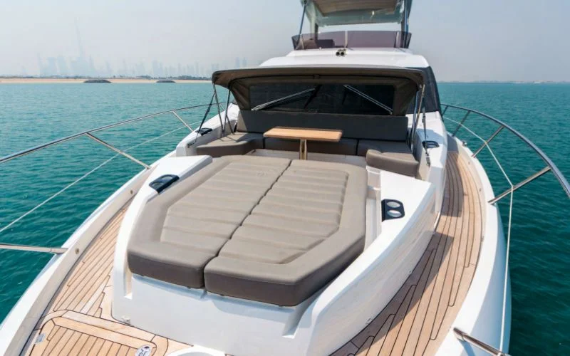 "Spacious sun deck on My Serenity yacht ready for relaxing – Mala Yachts yacht rental in Dubai"