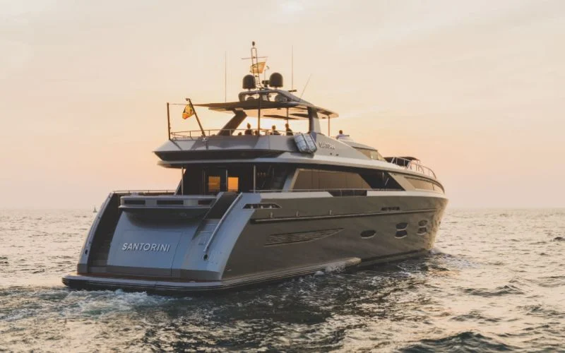 "Modern interior lounge of Santorini Silver yacht – Mala Yachts luxury yacht rental in Dubai"