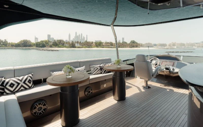 Modern dining area with glass table and designer lighting in Matrix Yacht