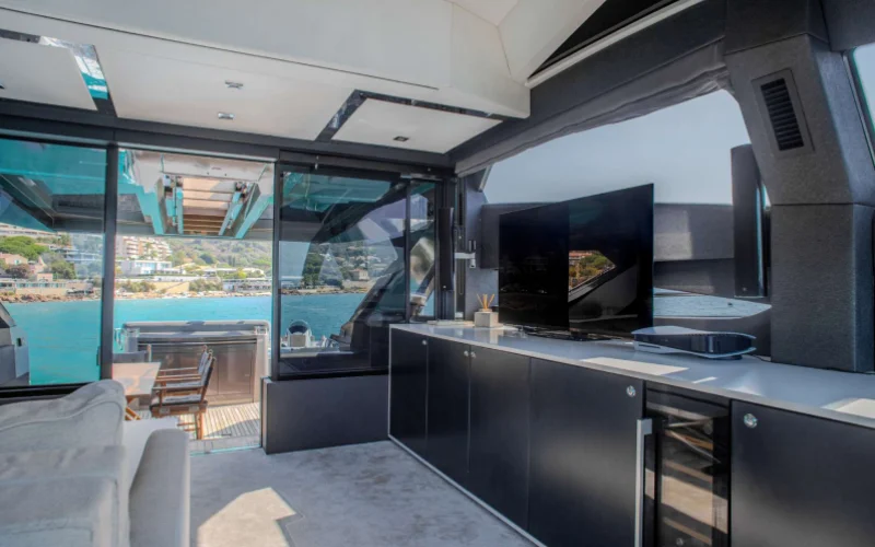 Stylish interior lounge with panoramic windows on Morrigan Yacht