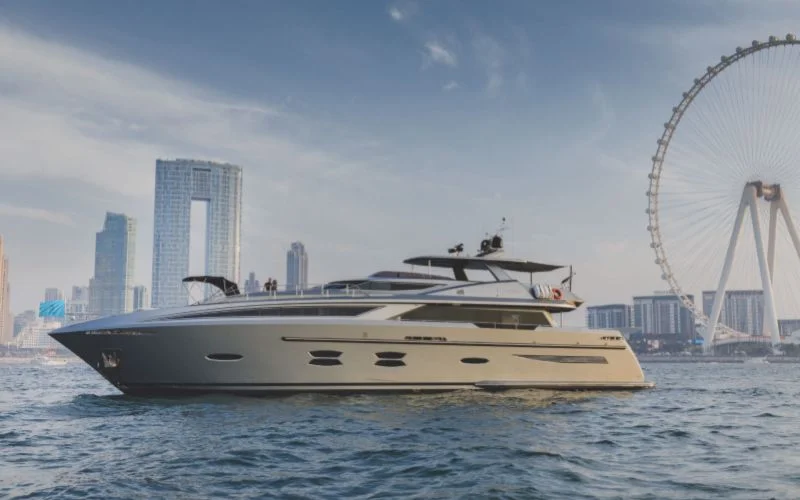 "Front view of Santorini Silver yacht cutting through waves – Mala Yachts offering top-class yacht rental Dubai"