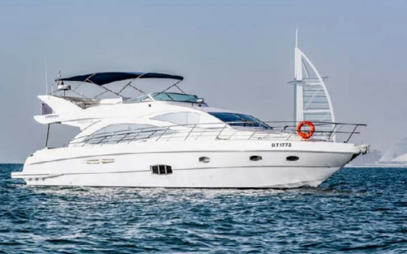 "Side profile of Lagoona 56ft yacht with stylish design – Mala Yachts premium yacht rental Dubai service"