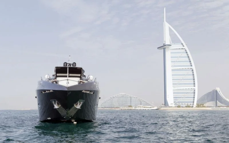 "Santorini Silver yacht docked at Dubai Marina pier – Mala Yachts exclusive yacht rental in Dubai"