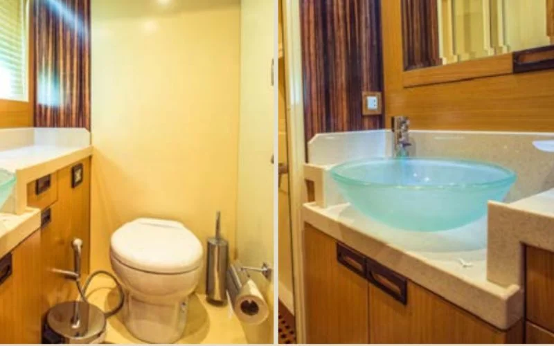 Modern bathroom on Lagoona 56 yacht with luxury fittings – yacht rental in Dubai by Mala Yachts