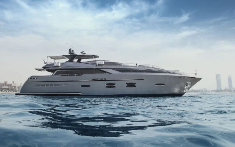 "Elegant outdoor deck of Santorini Silver yacht ready for events – Mala Yachts premium yacht rental Dubai experience"