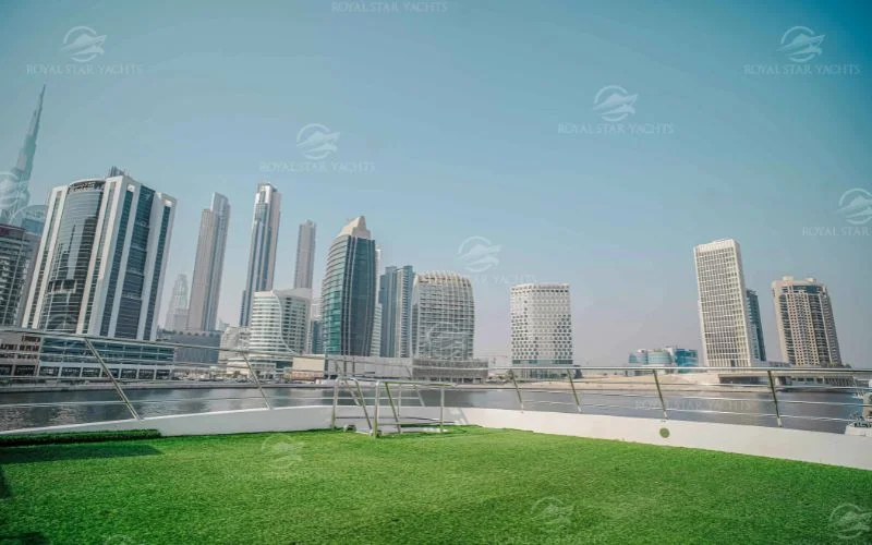 Stylish lounge with entertainment system inside 100ft Dream Yacht