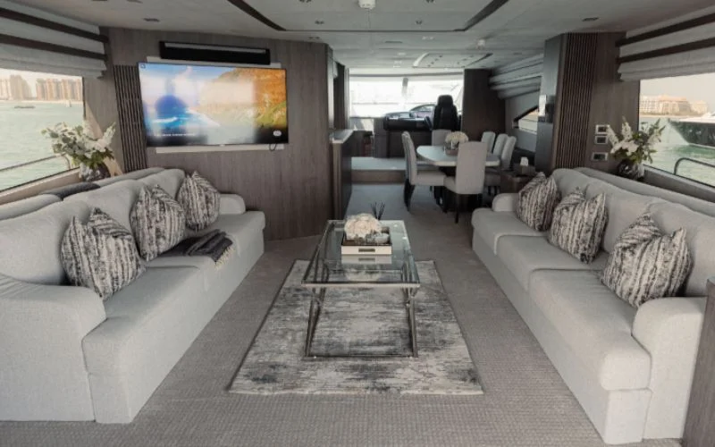 Upper deck with shaded seating area on Matrix Yacht
