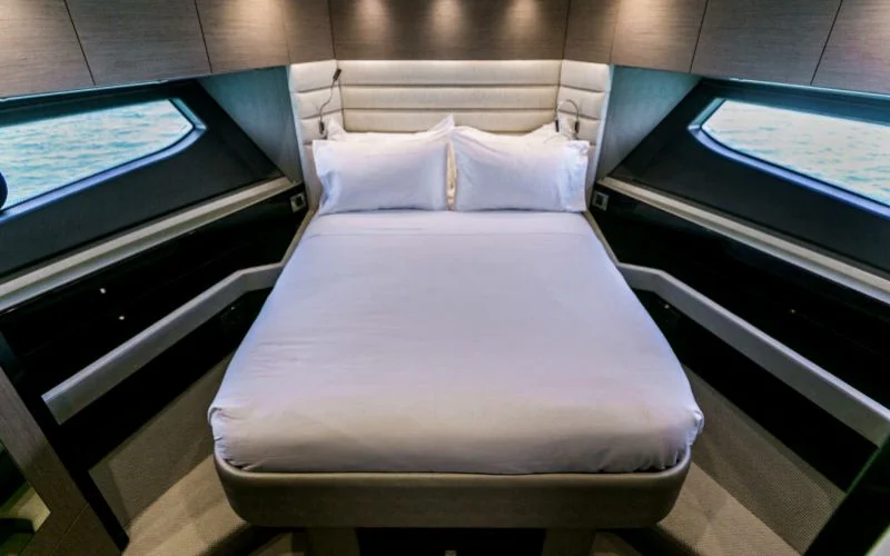 "Spacious master bedroom aboard My Serenity yacht offering luxury and comfort – Mala Yachts yacht rental in Dubai"