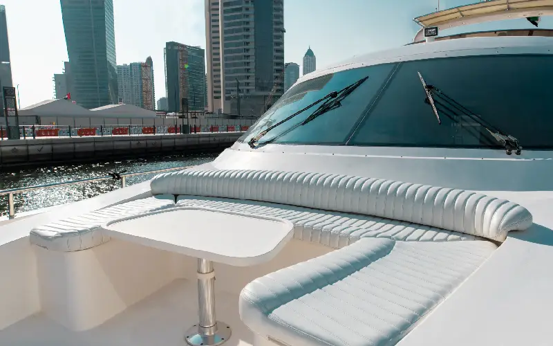 Bow of Mayas Yacht with sunpad and stainless railings