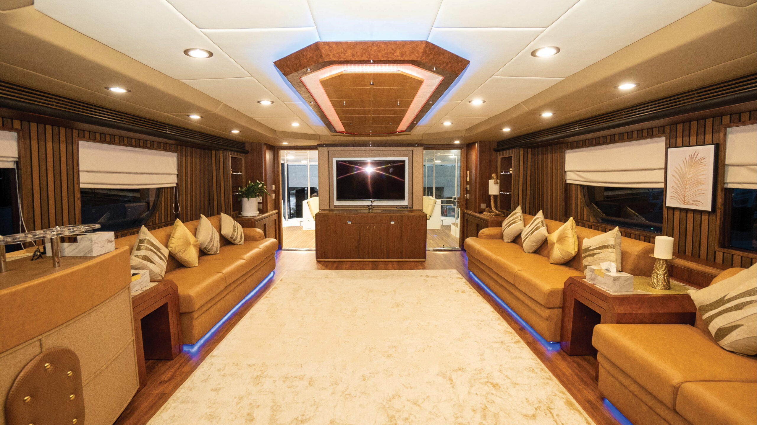 "Luxurious interior lounge of Poseidon yacht – Mala Yachts offering premium yacht rental in Dubai"