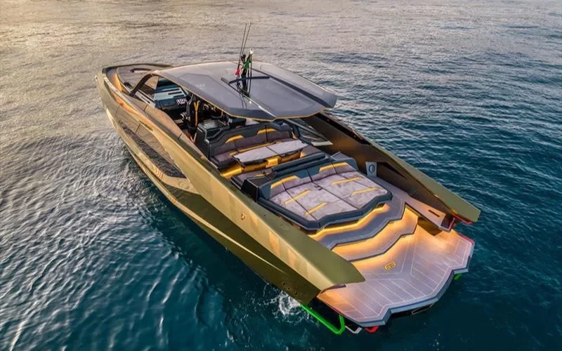 Front view of Lamborghini 63 Yacht showcasing aggressive bow design and signature Y-shaped LED lighting elements