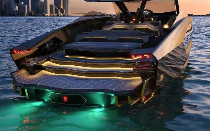Sleek profile of Lamborghini 63 Yacht cutting through water with sharp aerodynamic lines and carbon-fiber hardtop