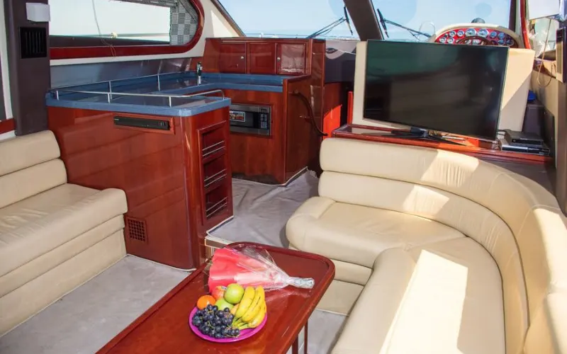 Front deck view with sun loungers and stainless railings on Al Shali Yacht