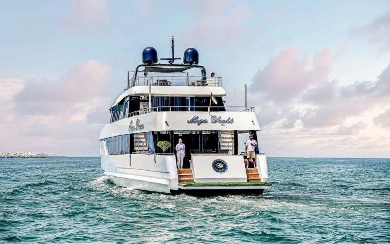 Ocean Dream luxury yacht anchored near iconic Dubai landmarks – experience elite yacht rental in Dubai with Mala Yachts.