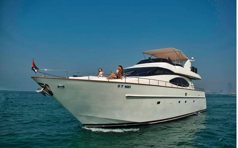 Sleek Azimut 80 yacht gliding near Dubai Marina – experience premium yacht rental in Dubai with Mala Yachts.