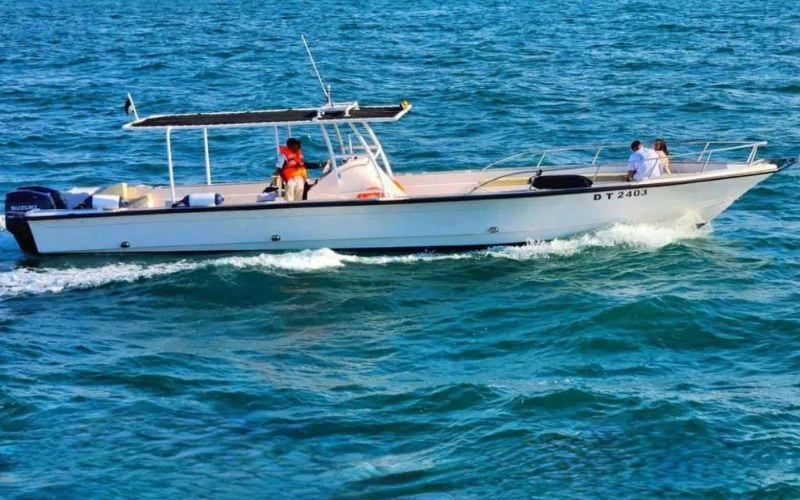 Mala Yachts provides an exceptional yacht rental in Dubai, featuring boats like this one perfect for a day of cruising or fishing.