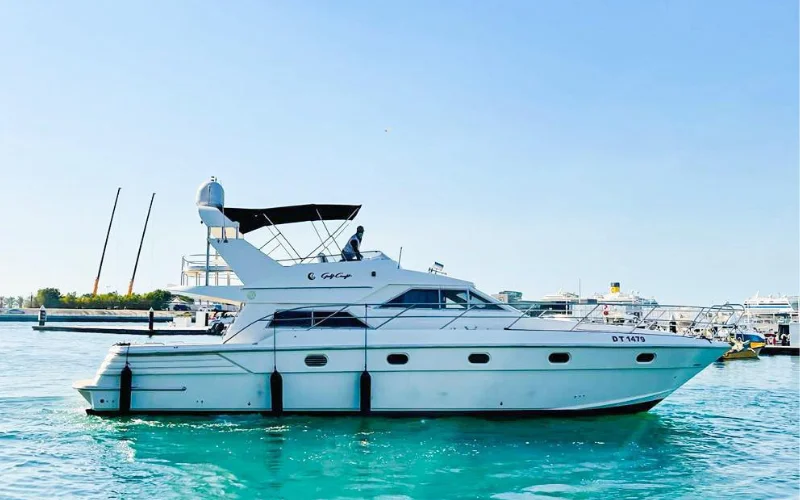 Fairline 45 Feet Yacht sailing in Abu Dhabi waters – yacht rental Dubai by Mala Yachts