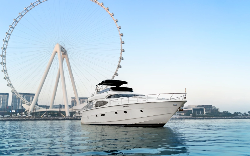 Side profile of the Gulf Craft 60ft yacht showcasing modern lines and elegance – elevate your sea journey with Mala Yachts’ yacht rental in Dubai.