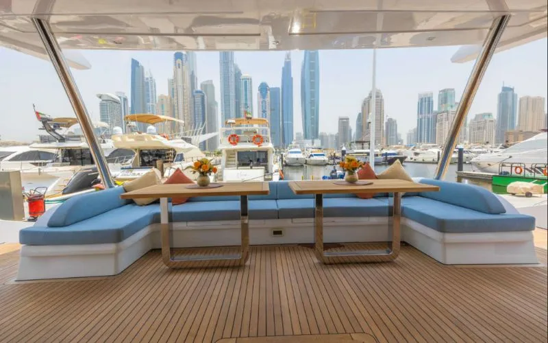 "Modern interior lounge of 61SW yacht – Mala Yachts offering luxury yacht rental in Dubai"