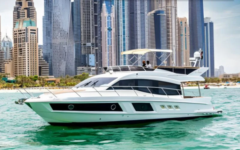 "Sleek exterior design of Majesty 48 anchored in Dubai Marina – Mala Yachts exclusive yacht rental Dubai experience"