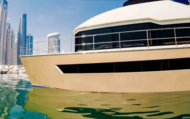 "Sleek exterior of Explora 60ft yacht in open waters – Mala Yachts luxury yacht rental Dubai experience"