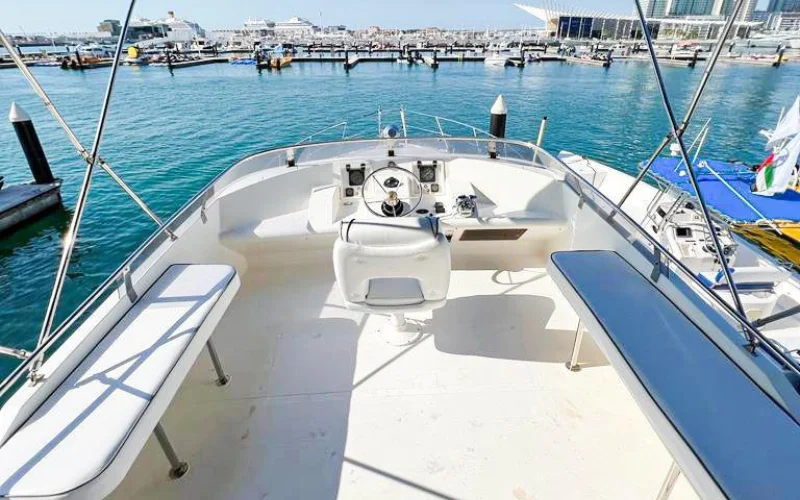 Outdoor deck area with scenic Abu Dhabi views – Mala Yachts yacht rental in Dubai