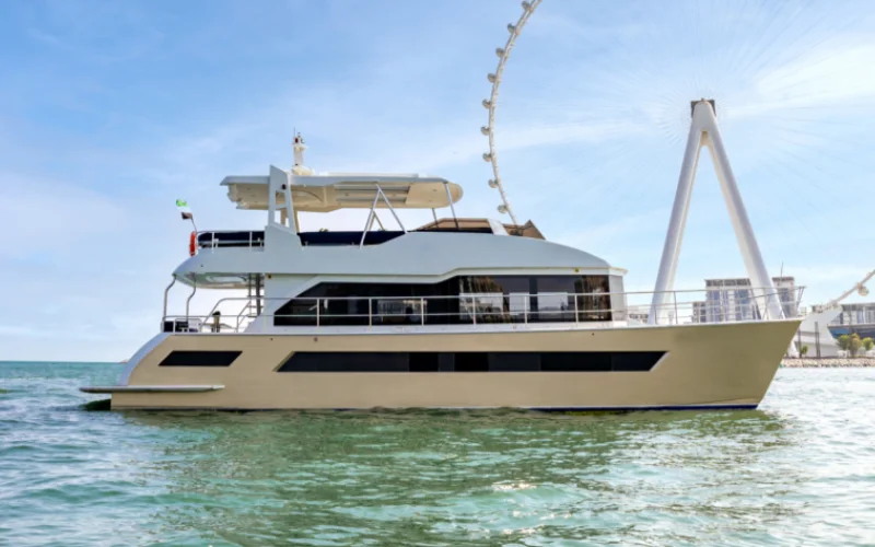 "Explora 60ft yacht anchored at Dubai Marina – Mala Yachts top-tier yacht rental in Dubai"