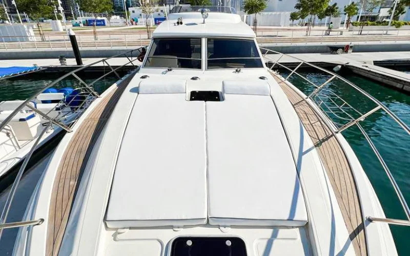 Upper deck view on Fairline 45ft yacht with open sea backdrop – yacht rental Dubai by Mala Yachts