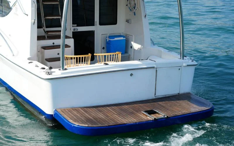 Sunset view from the rear deck of the Riviera yacht highlighting spacious outdoor seating – create lasting memories with Mala Yachts’ yacht rental in Dubai.