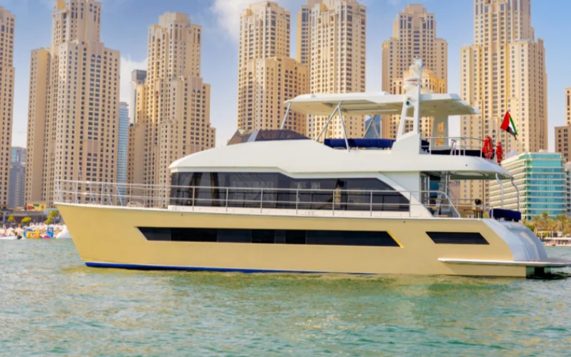"Spacious outdoor seating on 60ft Explora yacht – Mala Yachts exclusive Dubai yacht rental service"