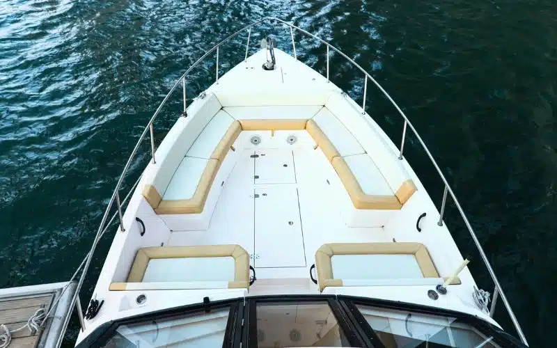 Simple and stylish seating area inside the Thunder yacht – Mala Yachts provides refined yacht rental in Dubai for everyday luxury.