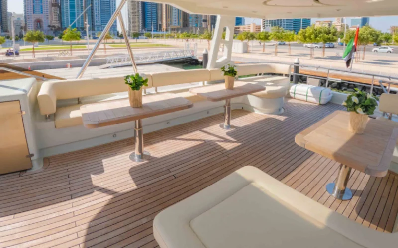 "Modern and spacious lounge inside 60ft Explora yacht – Mala Yachts luxury yacht rental in Dubai"