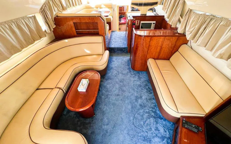 Stylish cabin interior on Fairline yacht cruising Abu Dhabi – Mala Yachts yacht rental in Dubai