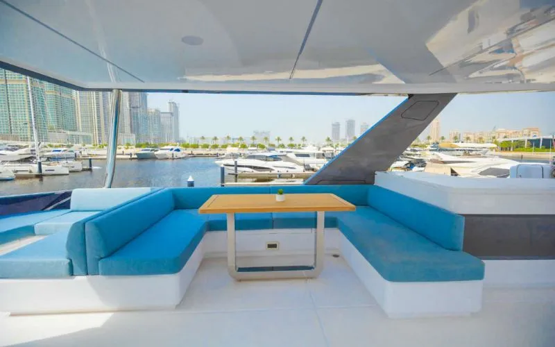 "Luxurious entertainment area inside 61SW yacht – Mala Yachts exclusive yacht rental in Dubai"