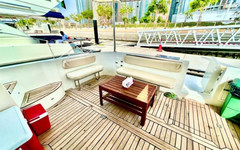 Sleek and modern interior of Riva 38ft yacht – yacht rental Dubai by Mala Yachts