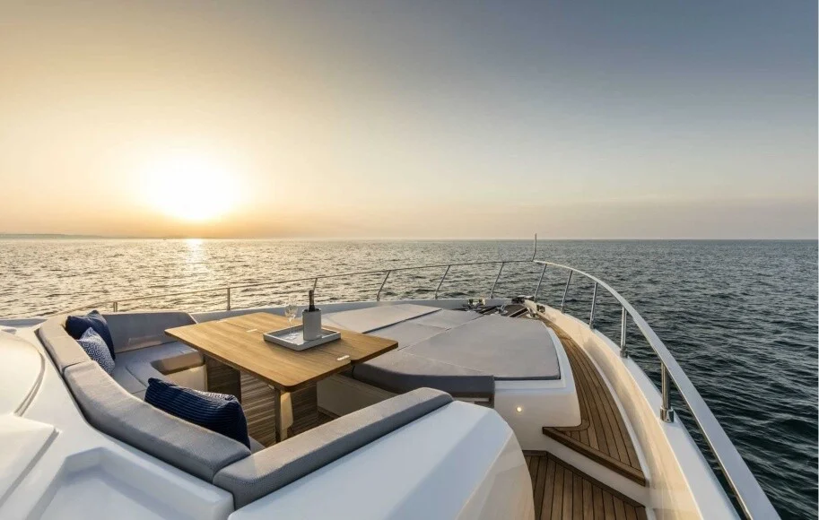 Interior helm station on Ferretti 78 yacht with advanced navigation controls – experience smooth sailing with Mala Yachts’ expert yacht rental in Dubai.