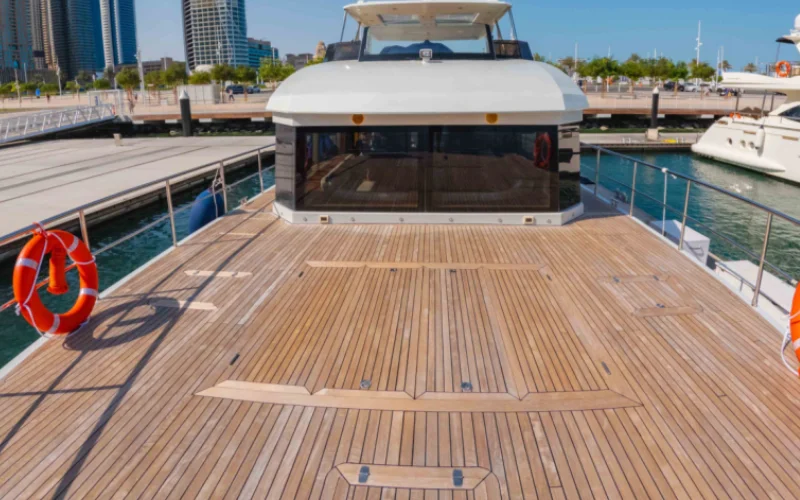 "Contemporary interior design of 60ft Explora yacht – Mala Yachts offering high-end yacht rental in Dubai"