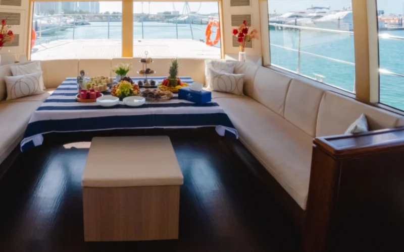 "Contemporary interior lounge of 60ft Explora yacht – Mala Yachts luxury yacht rental in Dubai"