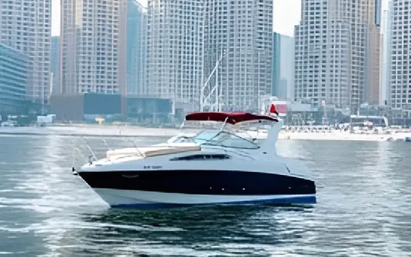 Luxury 33ft speed boat anchored off Jumeirah Beach – yacht rental in Dubai by Mala Yachts