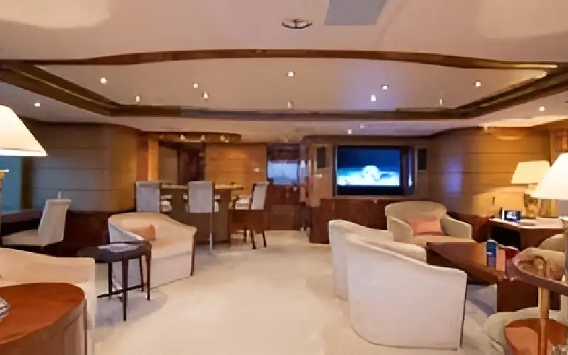 "Stylish dining area aboard ZAF yacht – Mala Yachts exclusive yacht rental in Dubai"