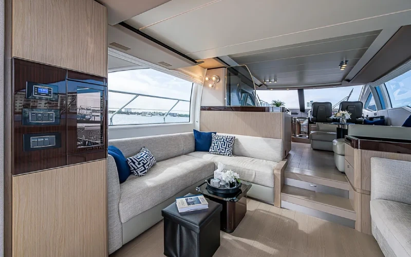 Luxurious interior lounge of Azimut 66 yacht – Mala Yachts premium yacht rental in Dubai