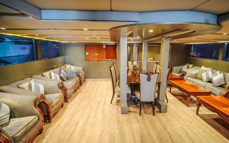 Luxurious interior of Ocean Dream yacht with elegant furnishings and ambient lighting – experience top-tier yacht rental in Dubai with Mala Yachts.