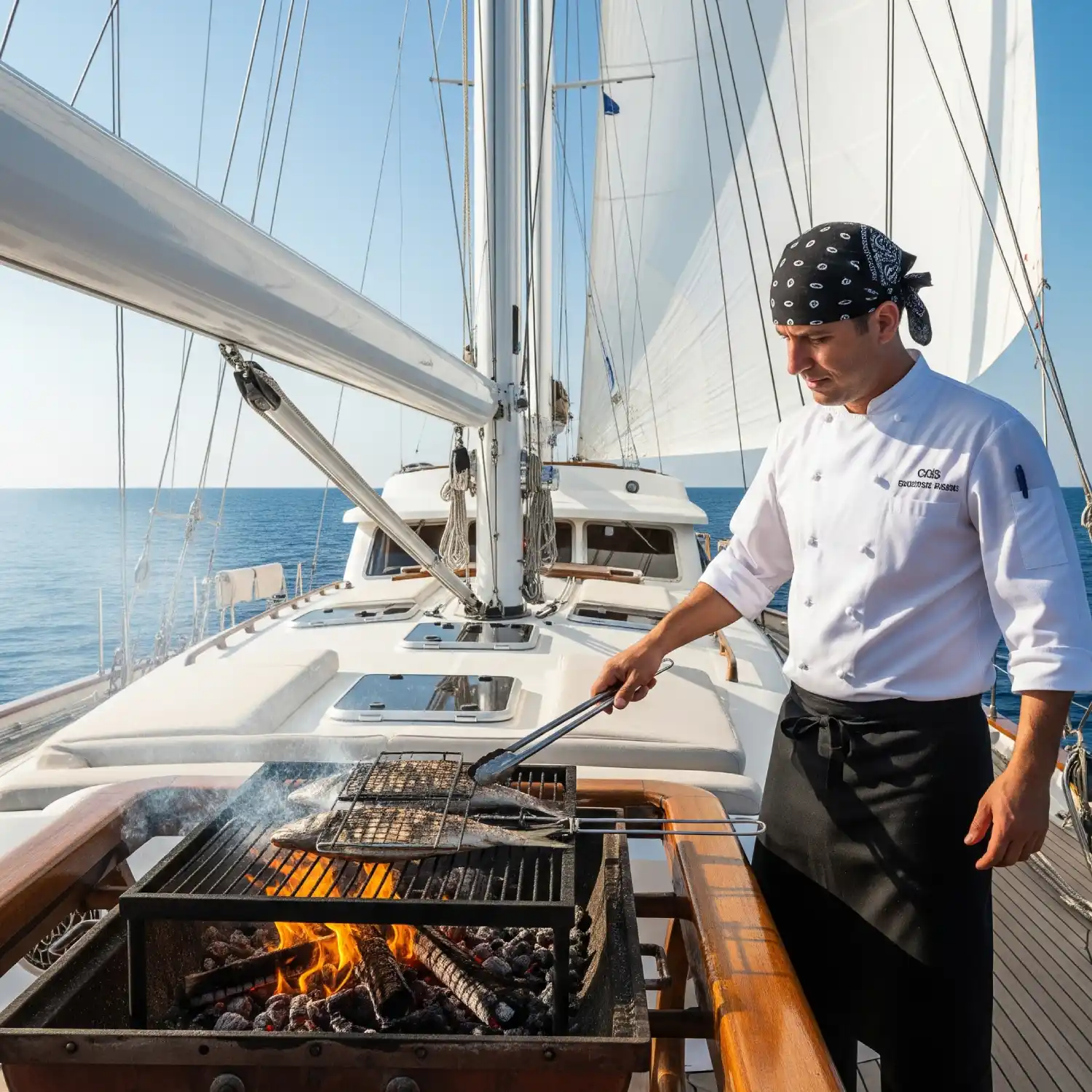 Seafood being cooked on open flame aboard yacht