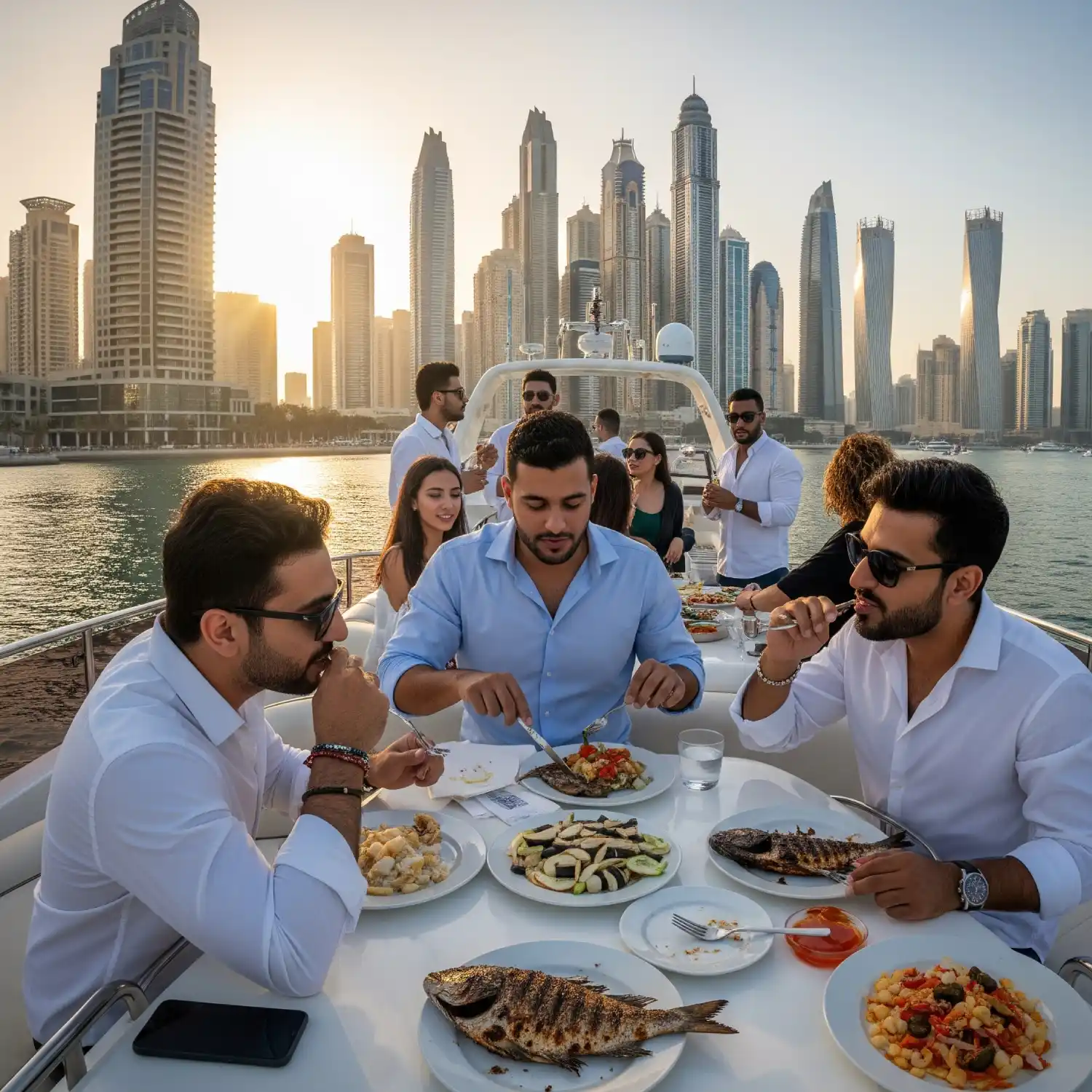 Group of friends enjoying fine dining on a yacht cruise