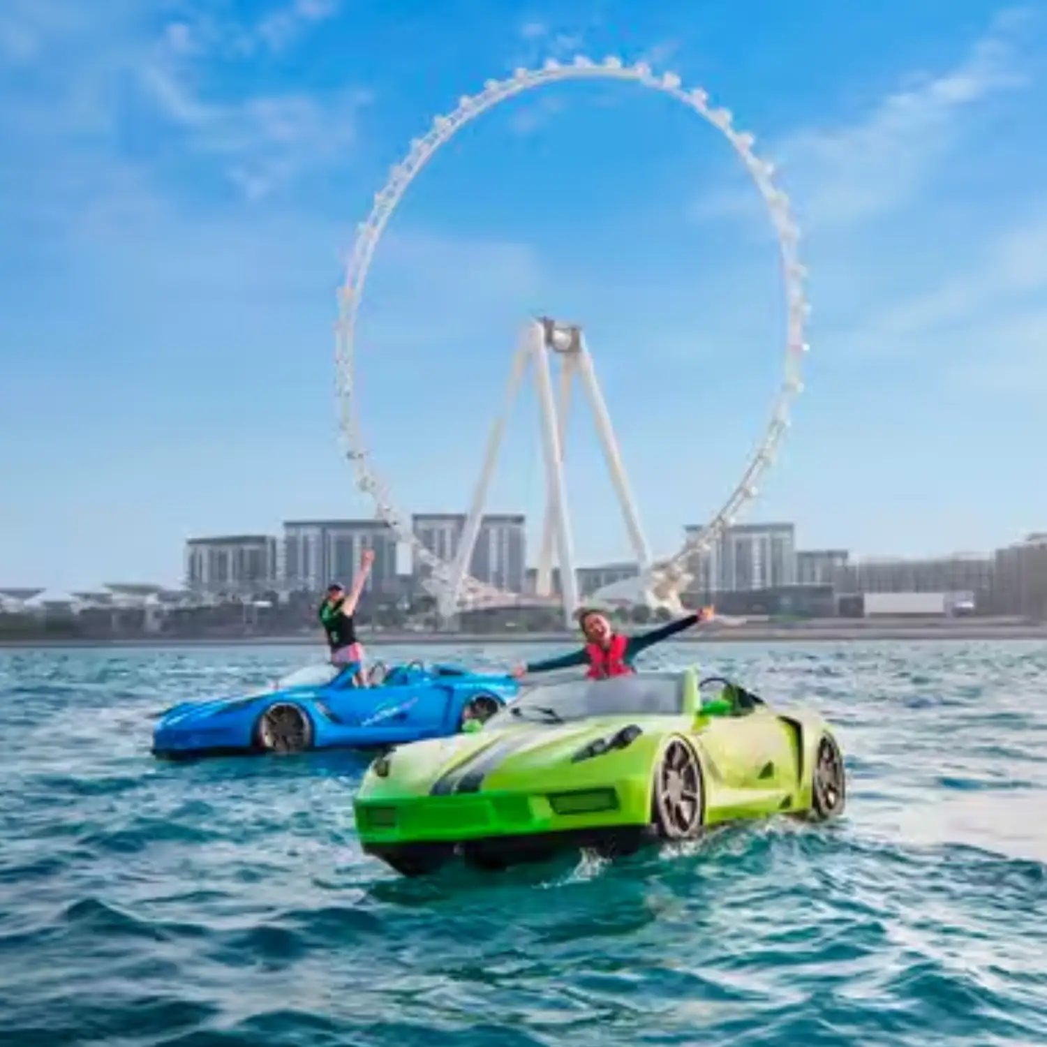 "Jetcar gliding across the waves with the Dubai skyline in the background"