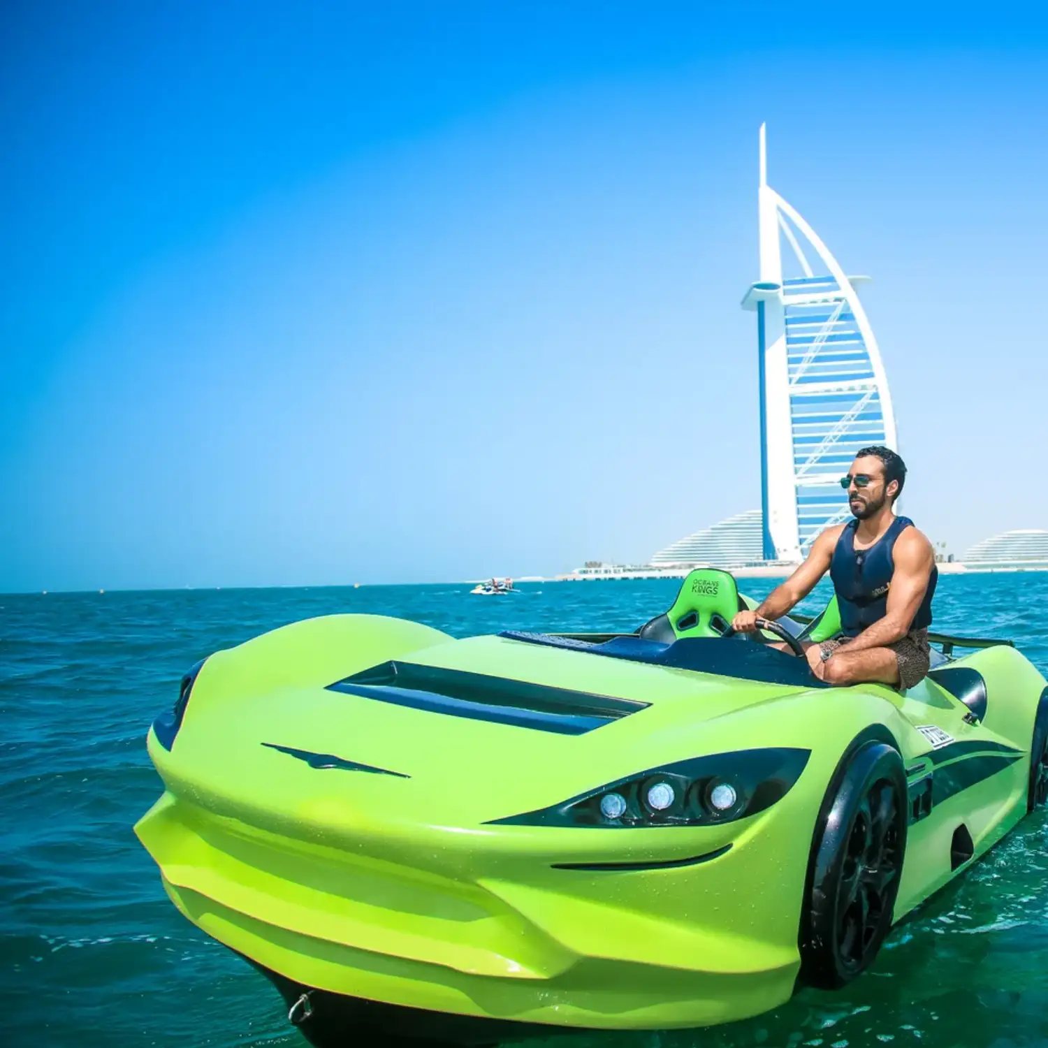"Sleek jetcar cruising over the water with passengers enjoying the ride"